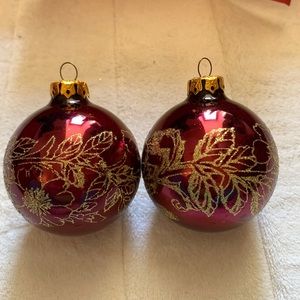 🎄Vintage Glass Ball Ornaments Burgundy/Gold Glitter Flower/Leaf Design Set of 2